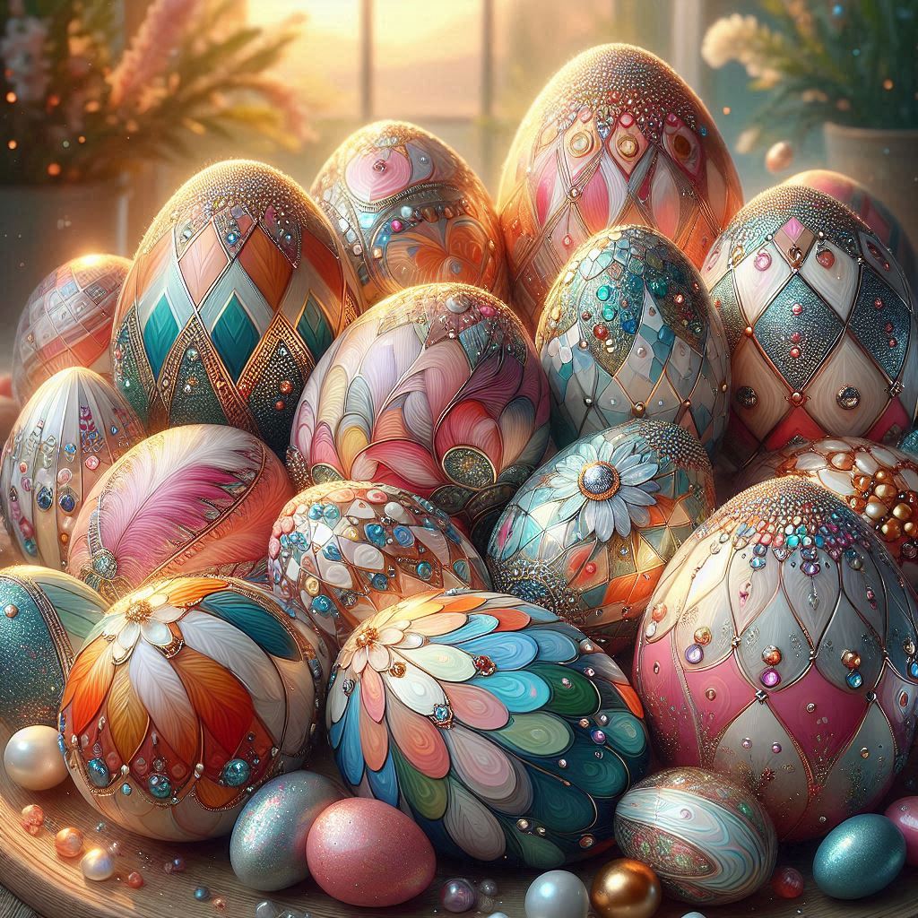 Ornate pastel Easter eggs with intricate patterns and jewel-like details arranged in a colorful cluster