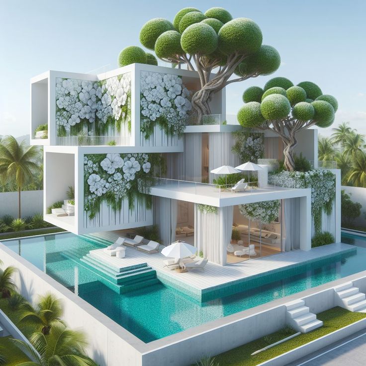 Futuristic white villa with garden terraces and blue pool surrounded by tropical plants