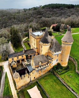 Aerial view of Château de Puymartin, a medieval French castle with towers and stone walls surrounded by greenery