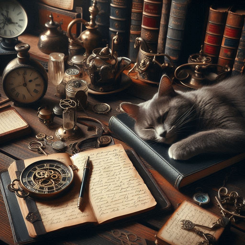 Sleepy Cat Among Books