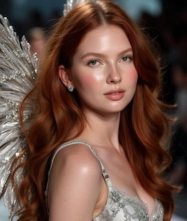 Young red-haired woman in silver beaded gown with white angel wings on runway