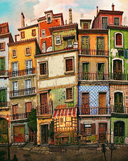 Painting of colorful multi-story Mediterranean buildings with balconies and shops on a cobblestone street