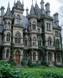 Gothic Revival mansion with ivy-covered stone facade, pointed arches, and multiple spires