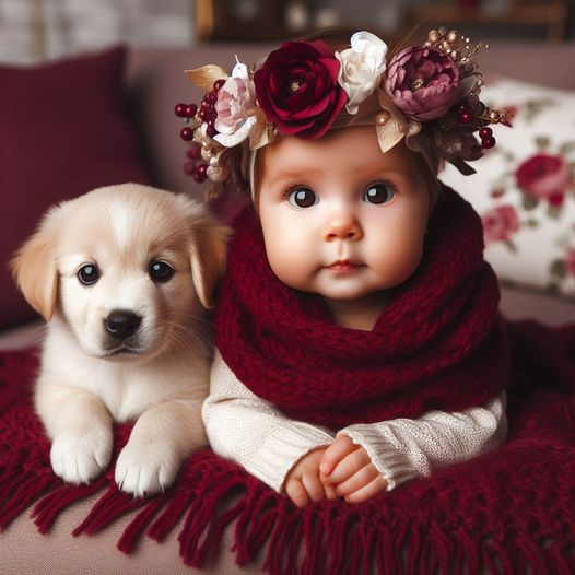 Baby with floral crown and burgundy scarf lying next to a golden retriever puppy