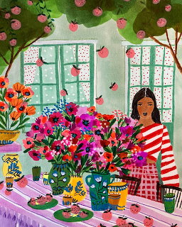 Woman at table with colorful flowers, peaches, and fruit trees in bright illustrated interior scene