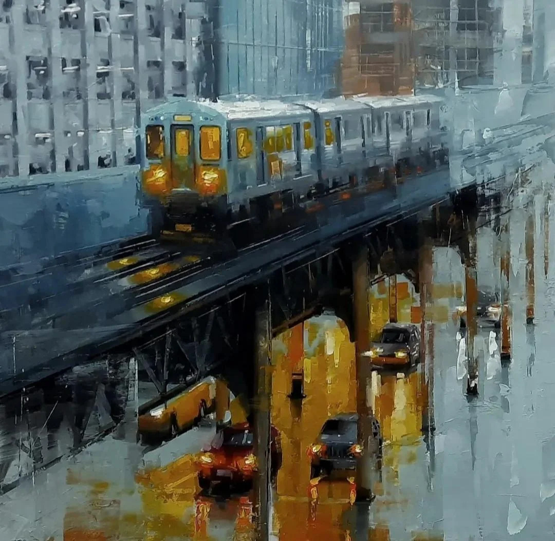 Painting of an elevated train above a rainy city street with warm reflections