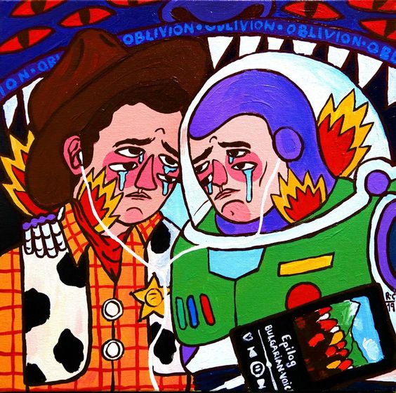 Vibrant pop art of two cartoon characters with geometric patterns and bold colors