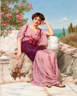 Painting of a woman in pink draped robes seated on a marble bench with flowers and sea in background