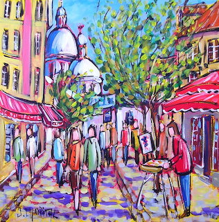 Colorful painting of a street artist on a lively Montmartre street with pedestrians and cafés