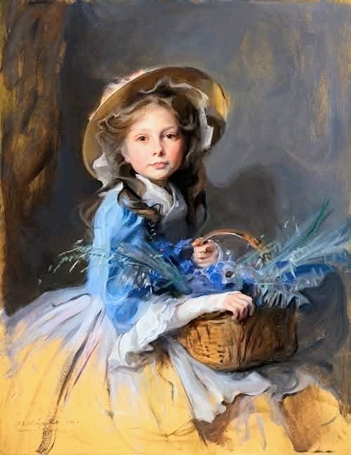 Oil painting portrait of a young girl wearing a bonet and blue dress holding a flower basket