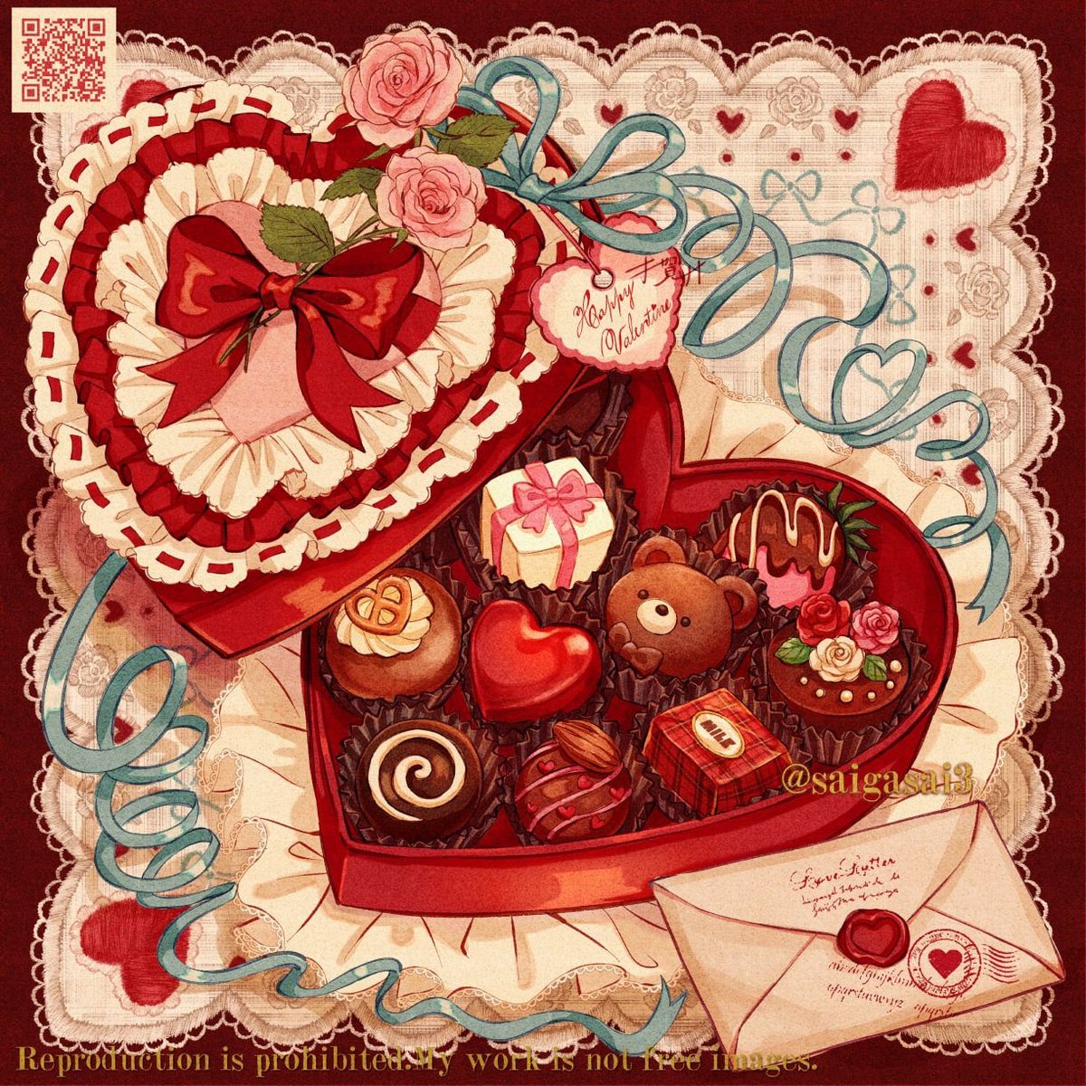Heart-shaped box of assorted chocolates with ribbons, roses, lace, and envelopes in a romantic illustration