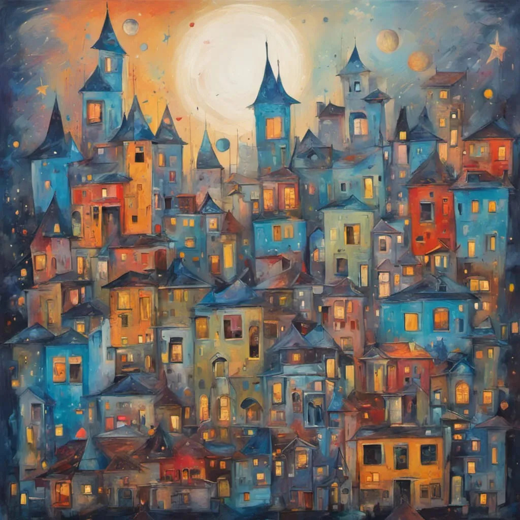 Colorful fantasy village with clustered houses, towers, and glowing windows under a full moon in a painted night sky