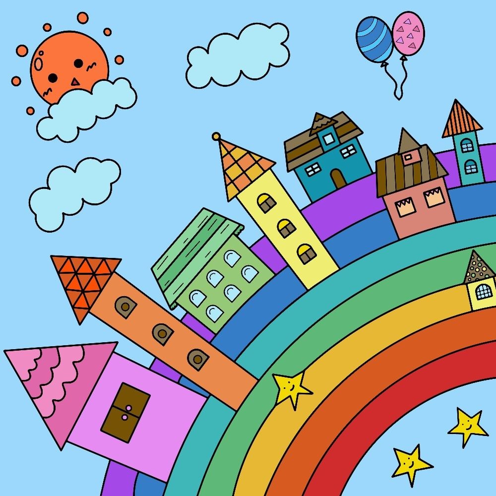 Colorful cartoon houses on a rainbow with clouds, balloons, stars, and a smiling sun