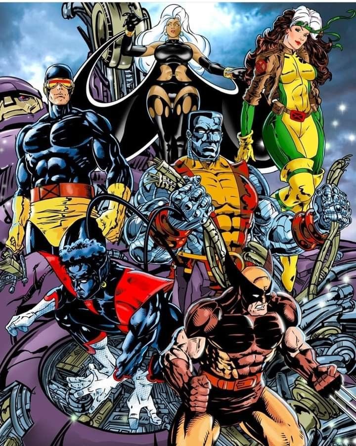 X-Men team group illustration with Storm, Rogue, Colossus, Wolverine, Cyclops and Nightcrawler in comic art style