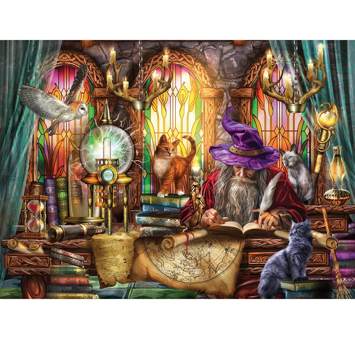 Fantasy wizard's study with magical items, glowing lanterns, spell books, and ornate furniture in warm golden light