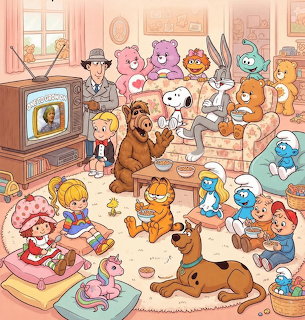 Collage of classic cartoon characters in a cozy living room watching TV together