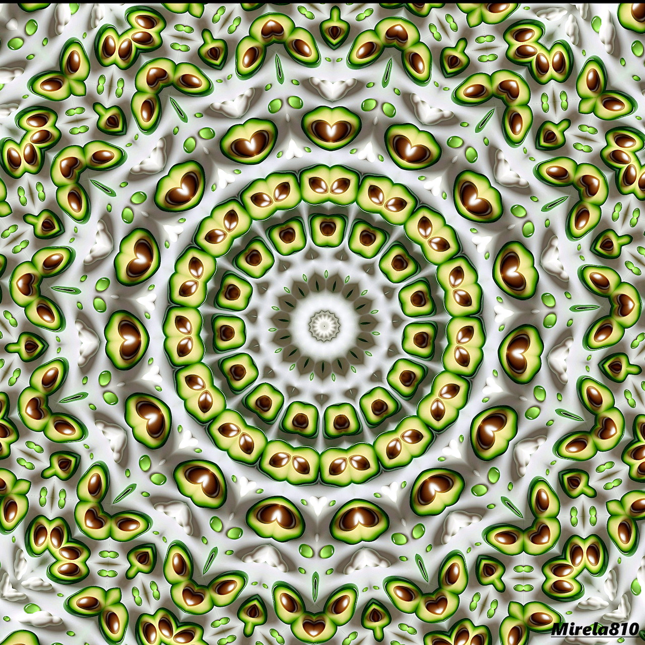 Circular mandala pattern with green and yellow avocado-shaped elements in concentric rings