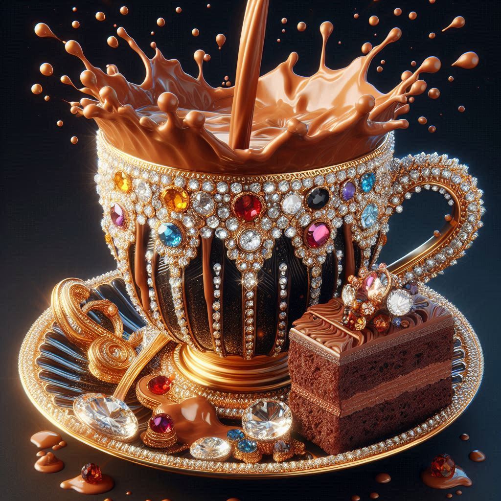 Decorative coffee cup embellished with jewels and pearls, chocolate cake slice on ornate saucer with coffee splash