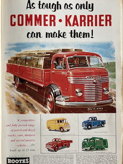 Vintage advertisement showing red Commer Karrier truck with text 'As tough as only COMMER-KARRIER can make them!'