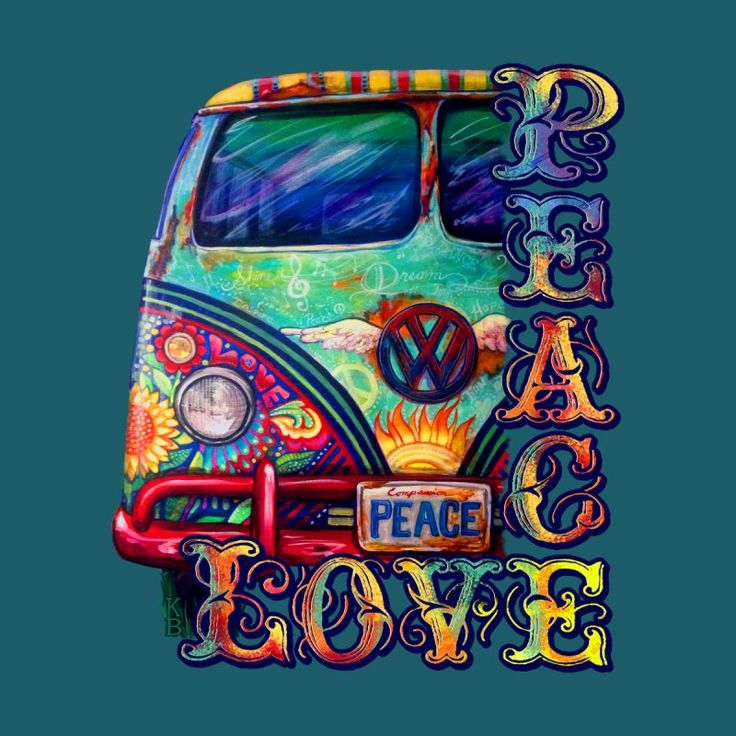 Colorful illustrated vintage van front with peace and love lettering
