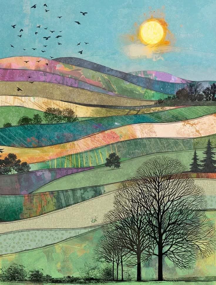 Colorful collage illustration of rolling patchwork hills with bare trees, sun, and birds in the sky