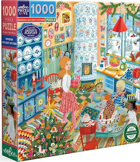 Illustration of busy holiday shop with Christmas trees, ornaments, gifts, and festive decorations in vintage style