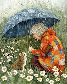 Illustration of girl in orange coat with umbrella sharing flower with cat in daisy field during rain