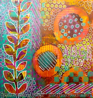 Colorful abstract mixed media art with leaf motifs, circles, and geometric patterns in orange, teal, and pink