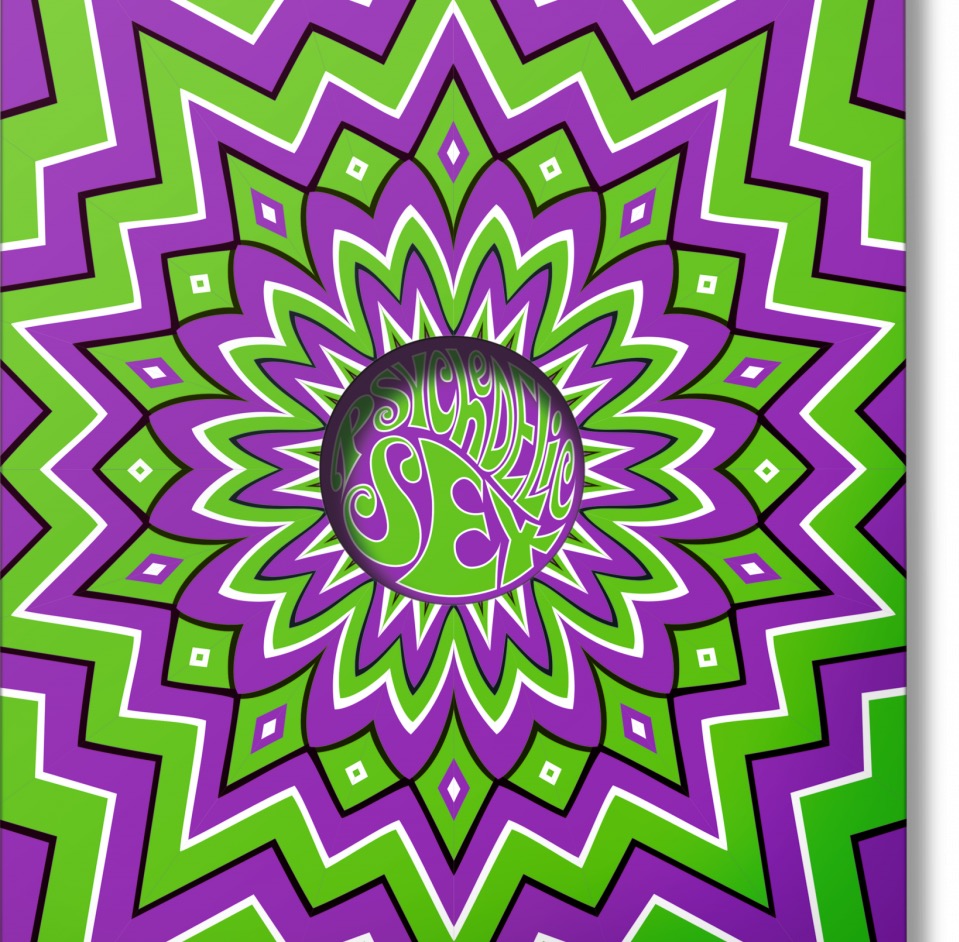 Geometric mandala with purple and green zigzag star patterns radiating from center