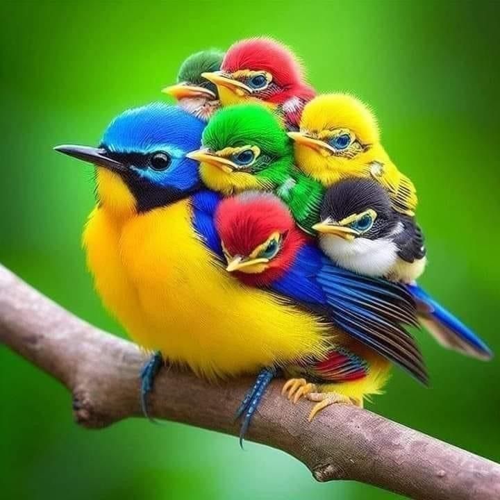 Seven colorful small birds with bright plumage huddled together on a branch