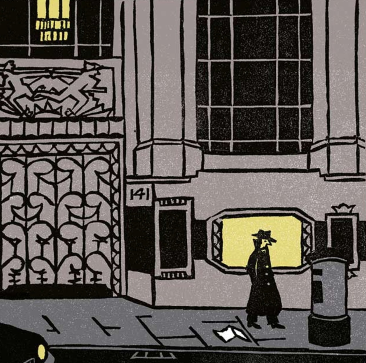 Black-and-white city street illustration with a lone figure walking beside a building at night