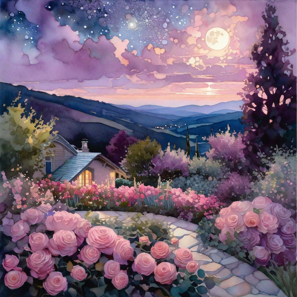 Cottage surrounded by pink roses and purple flowers under a moonlit twilight sky with mountains in the background