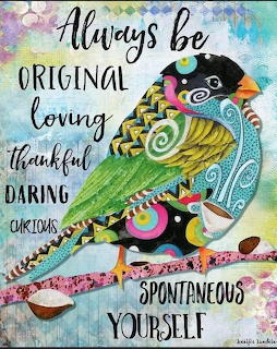 Colorful illustrated bird with decorative patterns and inspirational quote words on a textured background