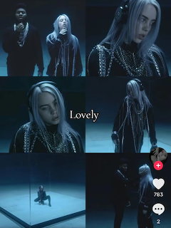 Collage of six dark scenes showing Billie Eilish with blue-grey hair in chain outfit from Lovely video