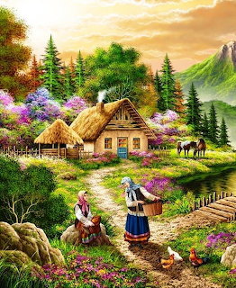 Painted village scene with cottage, garden flowers, people, trees, and mountains at sunset