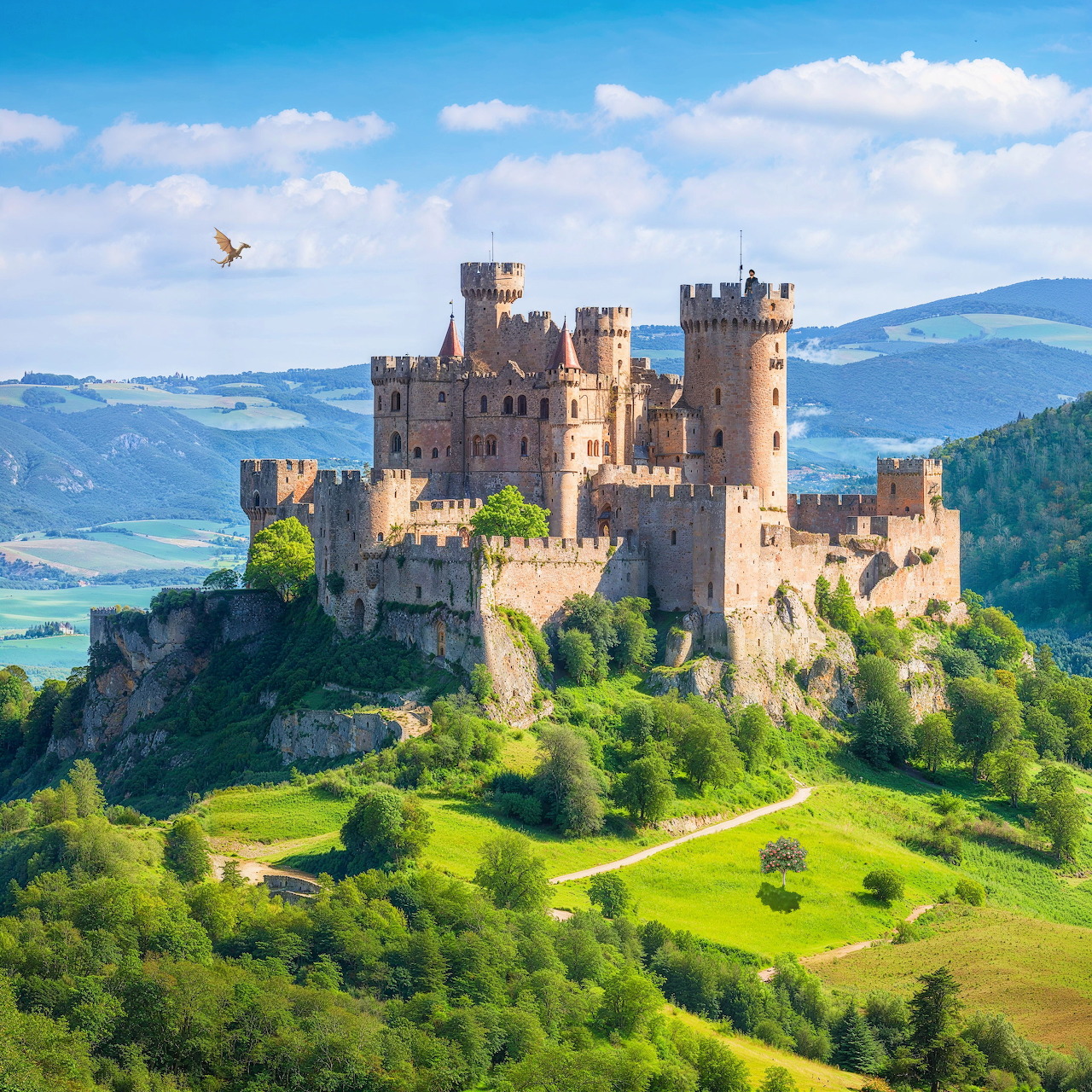 Medieval castle with turrets on hilltop surrounded by green landscape and mountains