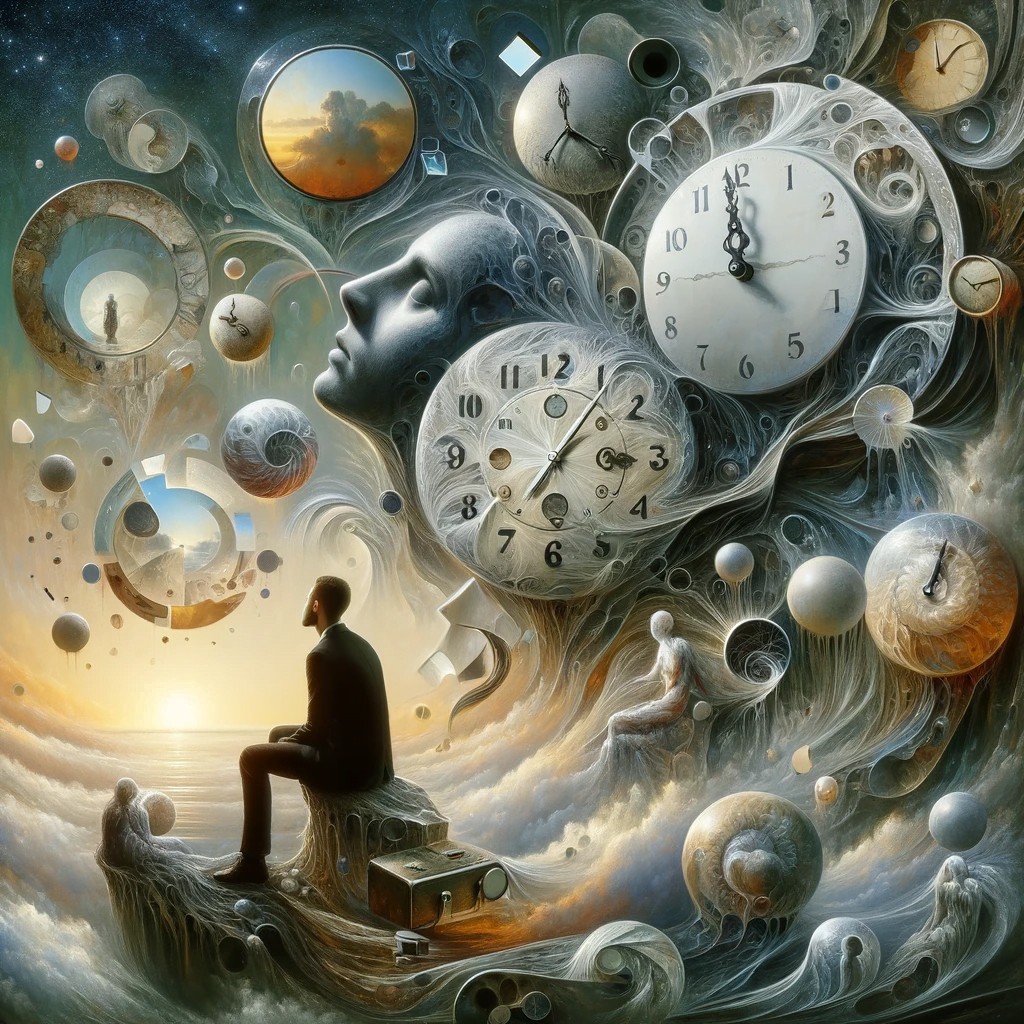 Surreal scene with melting clocks, spheres, and silhouetted person in dreamlike landscape
