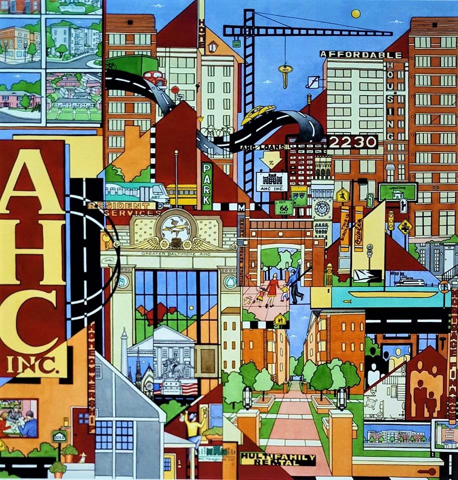 Colorful cartoon illustration of a busy city with buildings, cranes, streets, and trees