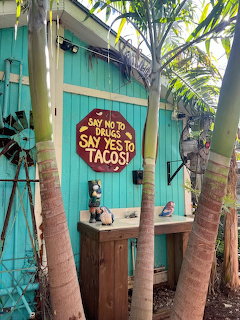 Palm trees in front of a turquoise wall with a rustic taco sign