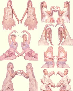 Collage of K-pop girl group members in pink outfits posing symmetrically forming heart shapes