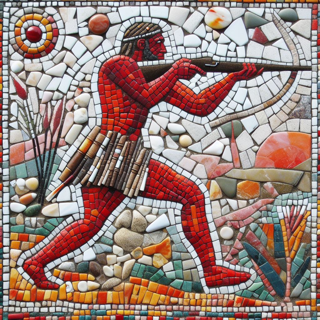 Mosaic artwork showing an ancient Egyptian archer in profile with a bow and patterned tile background