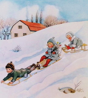 Three children sledding down a snowy hill in a vintage illustration by Elsa Beskow