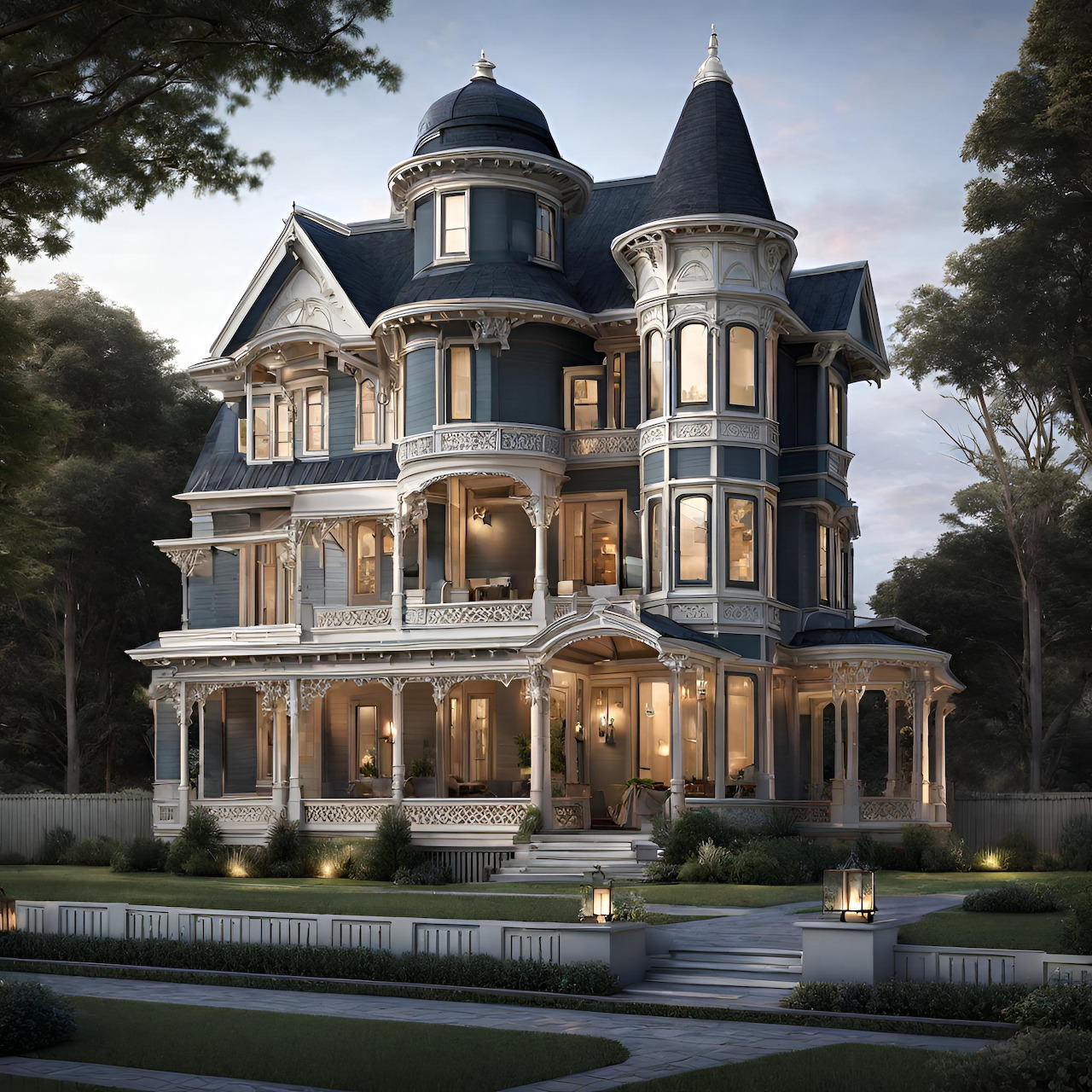 Elegant Victorian mansion with turrets and ornate porches at dusk