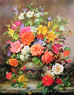 Colorful oil painting of abundant flowers in decorative vase including roses, dahlias and various blooms