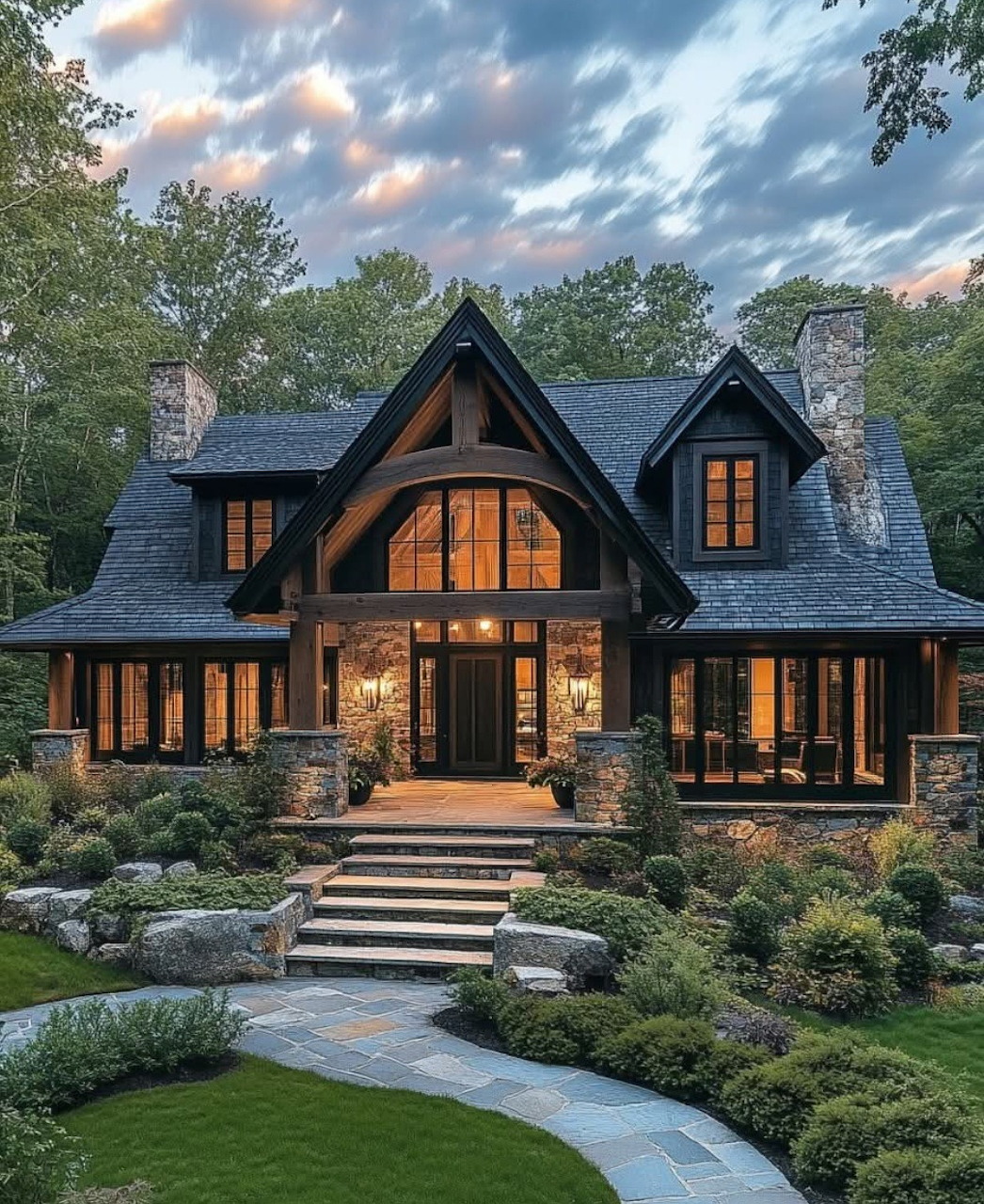 Dark craftsman house with glowing windows, stone steps, and lush garden at dusk
