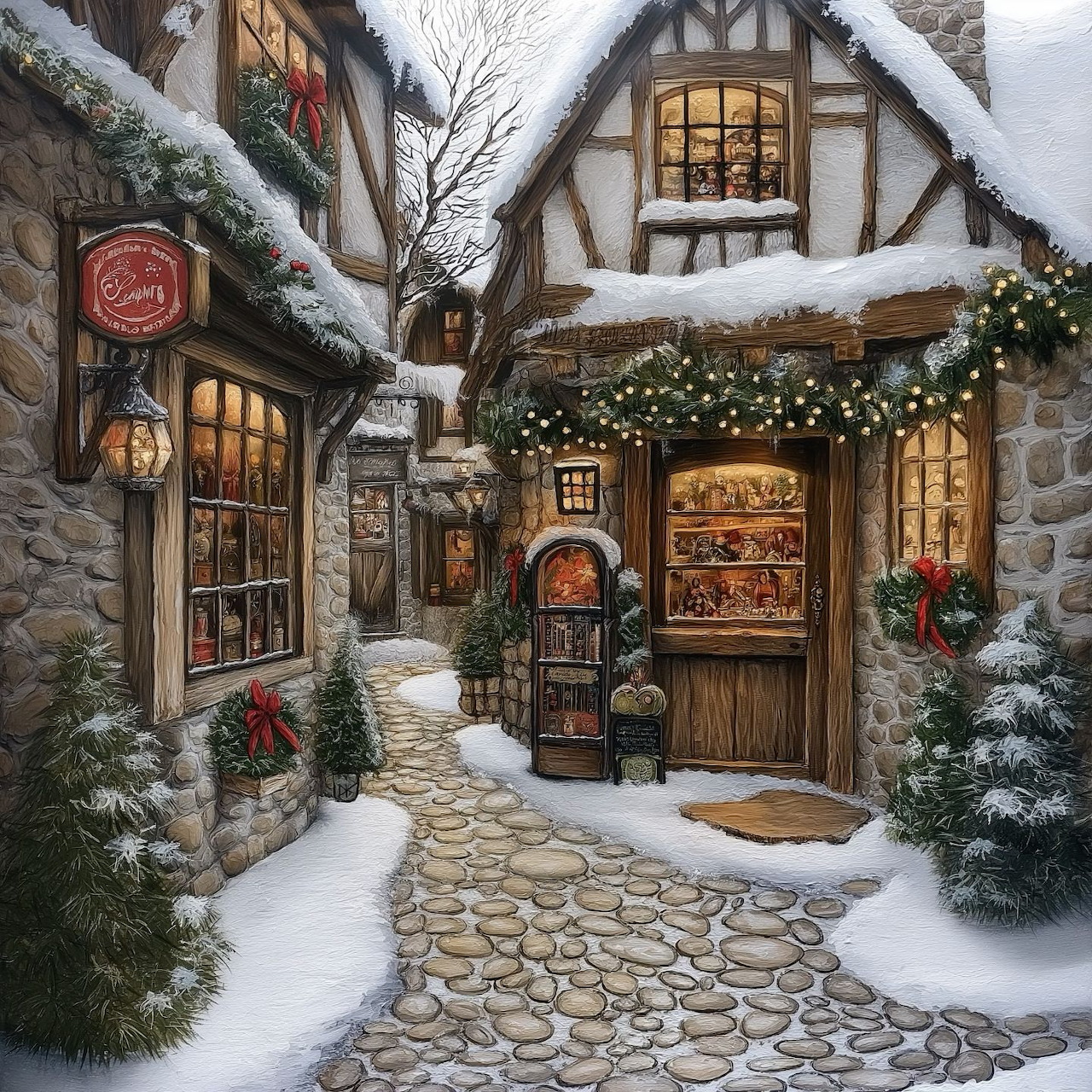 Snow-covered stone cottage with lit windows and Christmas lights on a winter evening