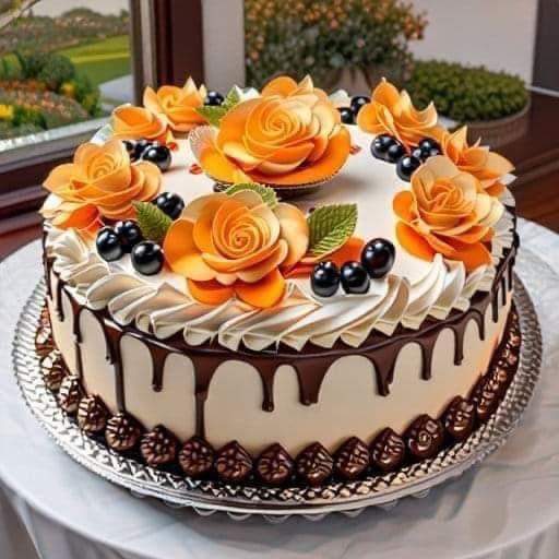 Decorated round cake with chocolate drip, orange rose frosting flowers, and dark berries