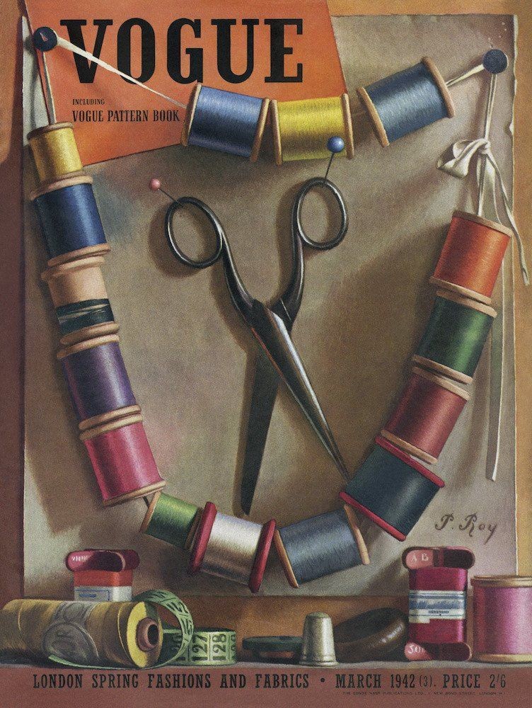 Vintage Vogue March 1942 magazine cover with scissors and colorful thread spools arranged as still life artwork