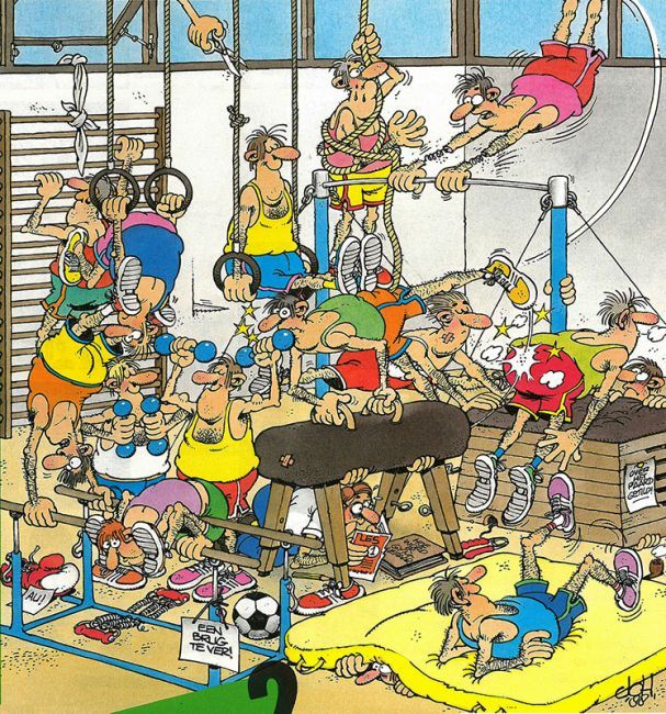 Busy cartoon illustration of chaotic gym with many people doing various activities on equipment and floor