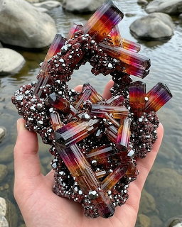 Hand holding a large tourmaline crystal cluster with colorful prismatic columns near a stream